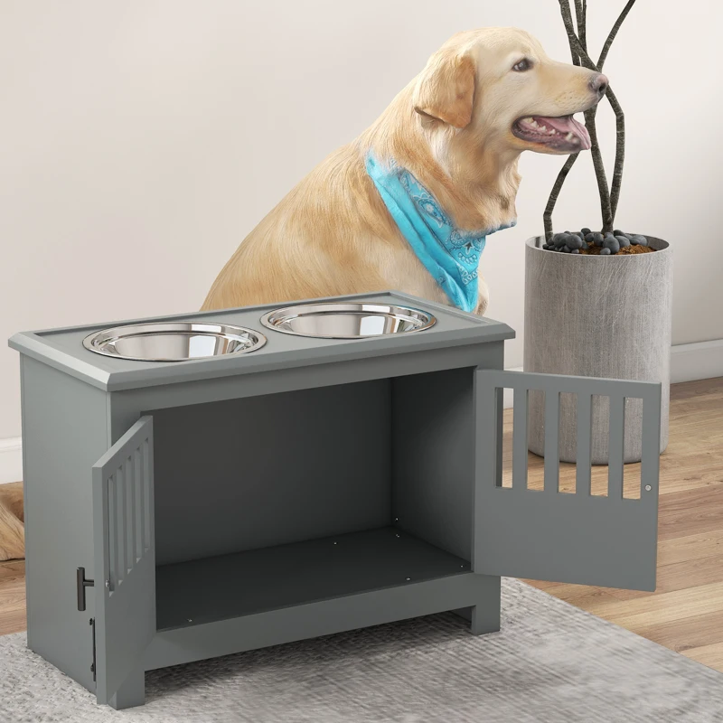 PawHut Estação de alimentação elevada para cães grandes, 2 tigelas em aço inoxidável, armazenamento, 35,5x60x30 cm, Cinza