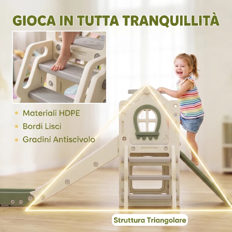 AIYAPLAY Scivolo per Bambini 1-3 Anni con Arrampicata, Canestro, Spazio Portaoggetti, Gradini antiscivolo, Crema