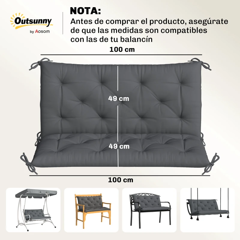 Outsunny Cojín para Banco de Jardín con Respaldo, 100x98x8 cm, Colchón de Banco de 2 Plazas para Interior y Exterior con Relleno Grueso y Cintas de Sujeción, para Columpio, Terraza, Balcón Gris Oscuro