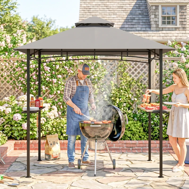 Outsunny Grillpavillon Gartenzelt Grill Pavillon Balkonpavillon mit Ablagen Flammhemmendes Doppeldach Grau 245 x 148 x 252 cm