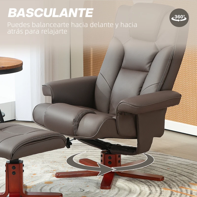HOMCOM Sillón Reclinable con Reposapiés Tapizado en PU y Estructura de Madera Carga 150 kg Butaca para Dormitorio Marrón
