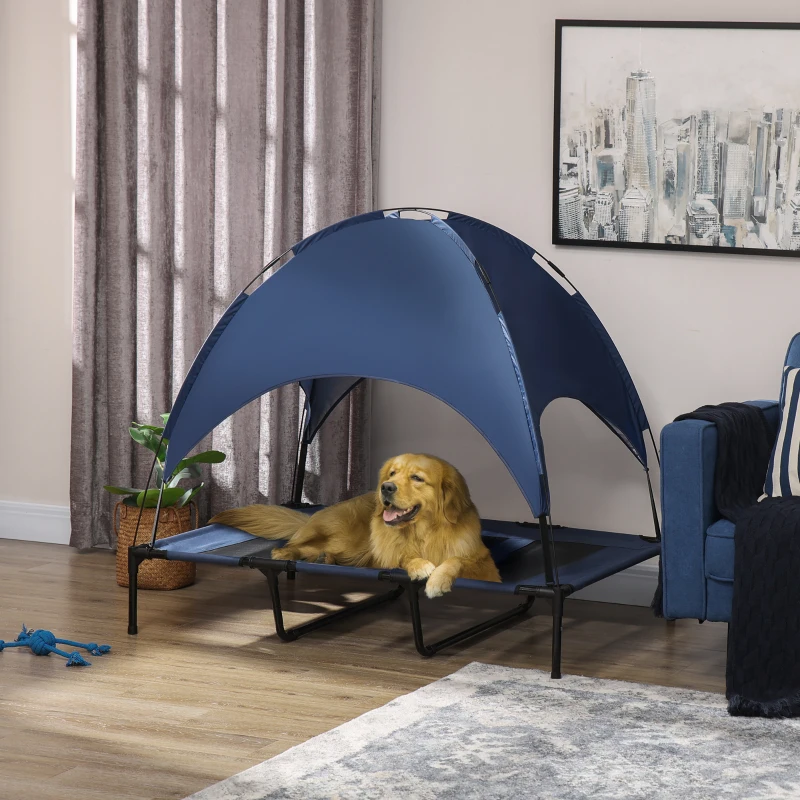 PawHut Local de Dormir para Cães ao Ar Livre Cama para Cão Resistente ao Tempo, com Dossel, Dobrável, 122 x 92 x 108 cm, Azul + Preto