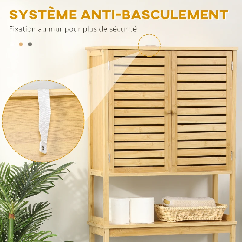 kleankin Étagère de toilettes meuble de salle de bain dessus toilette WC avec placard 2 portes et étagère ouverte 60 x 23 x 173 cm bambou