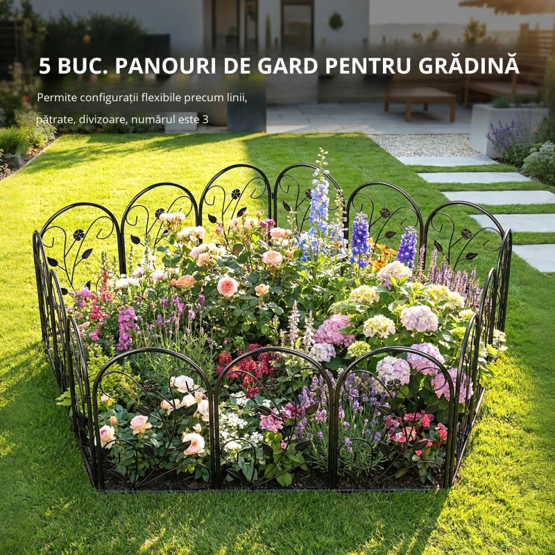 Outsunny Gard de grădină din metal 80 x 60 cm, set grilaj decorativ cu suport pentru grădină, paturi cu flori, barieră pentru animale, Negru