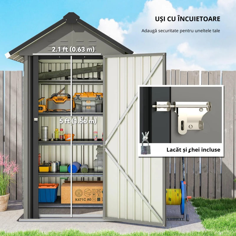 Outsunny Depozit metalic pentru unelte 1,17 m², magazie cu acoperiș în două ape, ventilație, lacăt și mănuși, 122 x 121 x 192 cm