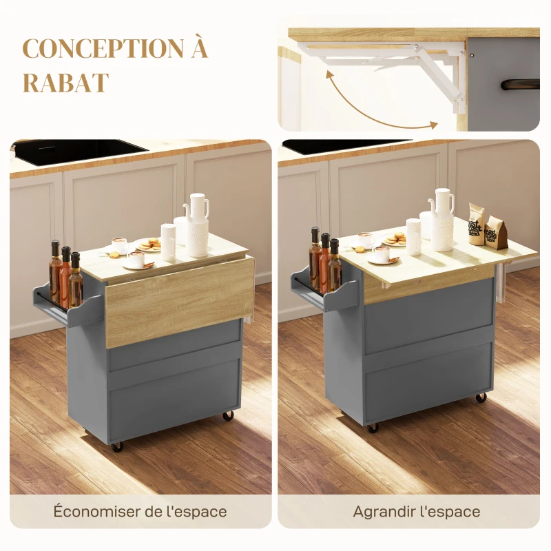 HOMCOM Desserte de cuisine sur roulettes, Îlot central cuisine tiroir étagère réglable support à épices et porte-serviette gris