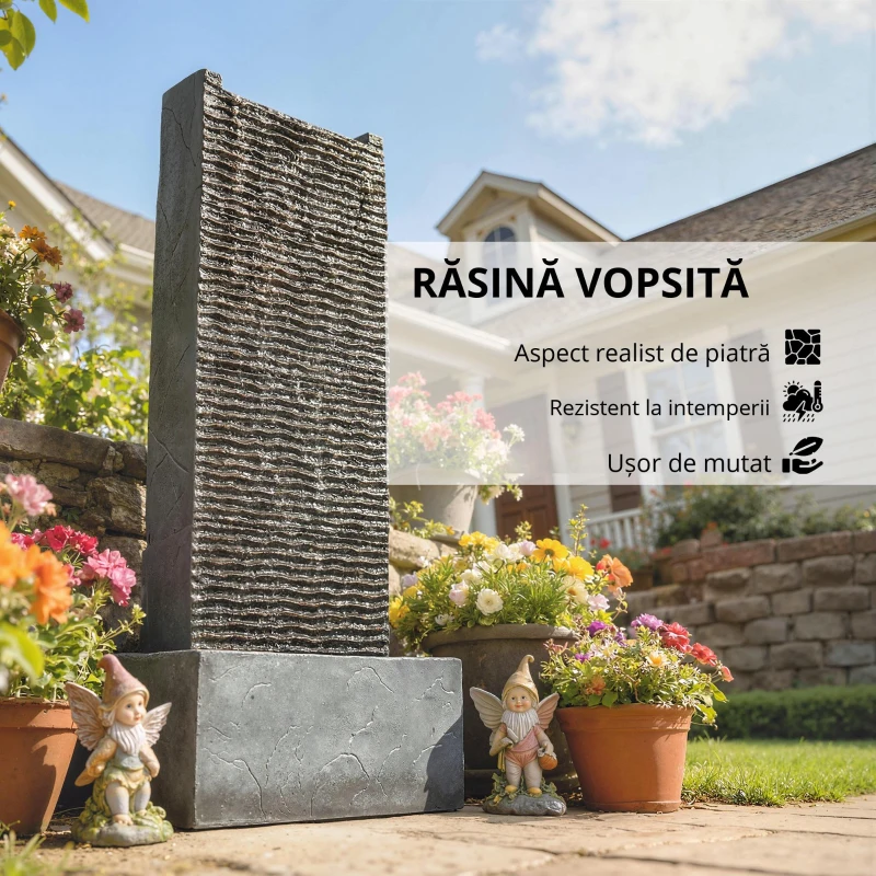 Outsunny Fântână 2 niveluri pentru grădină cu iluminare LED, pompă, aspect granit 37,5 x 22 x 80 cm