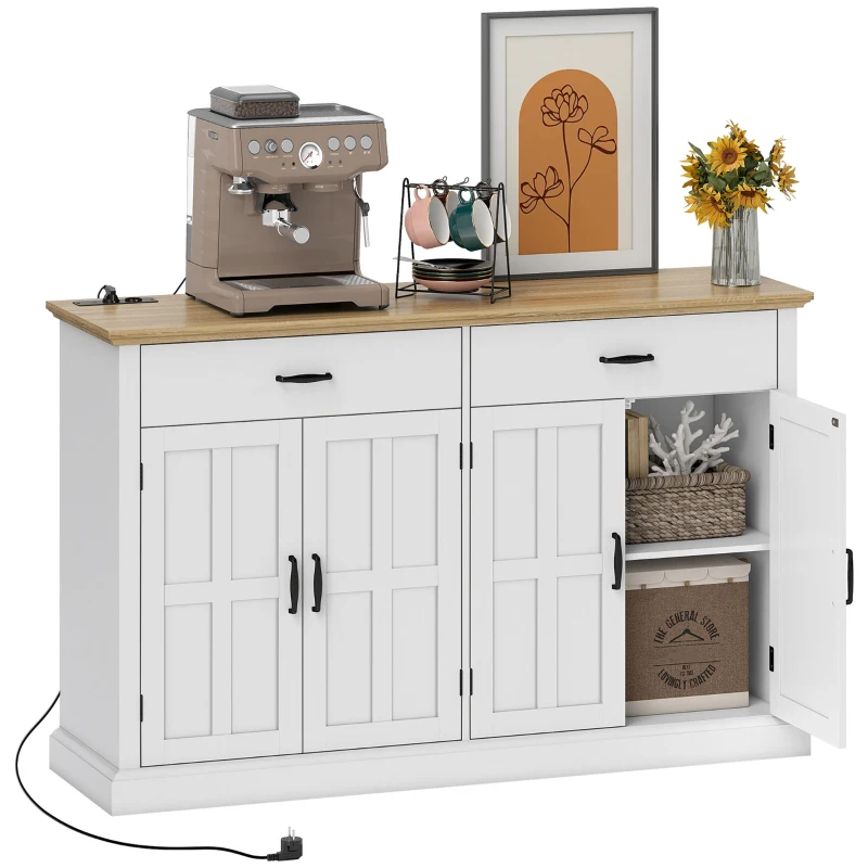 HOMCOM Sideboard mit USB-Anschluss und Mehrfachsteckdose TV-Möbel mit 2 Schränken mit Scheunentüren, 2 Schubladen und verstellbaren Regalen, weiß