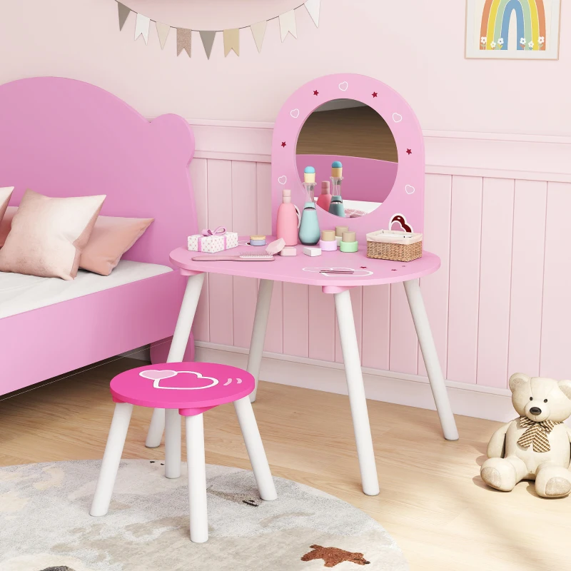 AIYAPLAY Set Toeletta Trucco Bambina 3-6 Anni con Sgabello, Specchio Infrangibile, Design con Cuori, Rosa