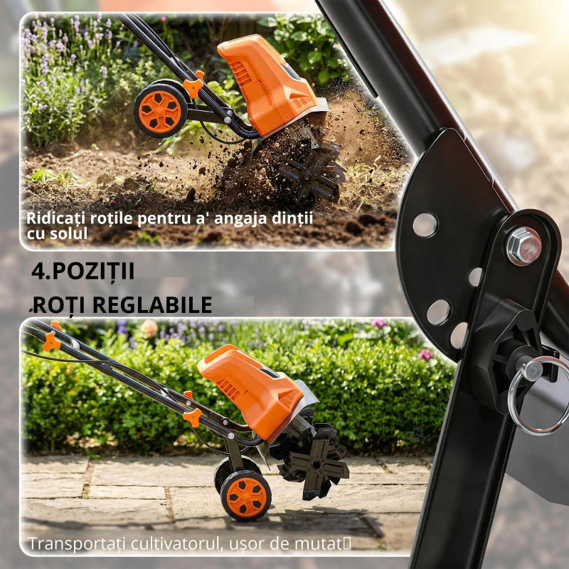 Outsunny Motobineusă electrică 1500W cu mâner pliabil, lățime de lucru 40 cm, adâncime de arat 9 cm, 6 lame, portocaliu