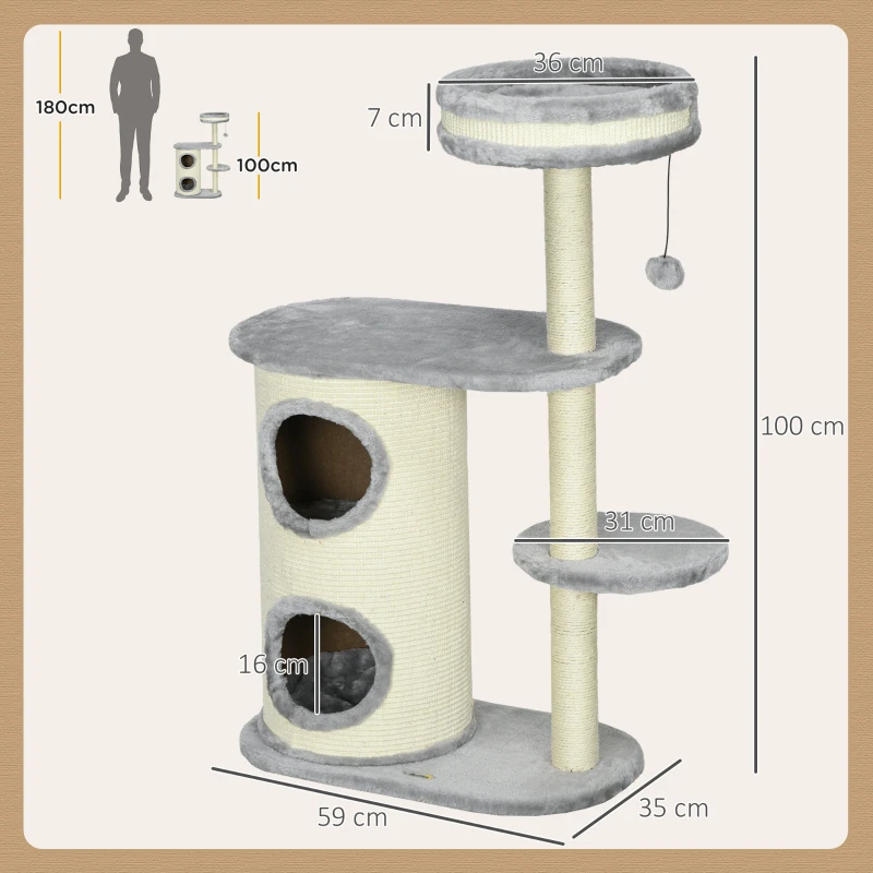PawHut Arranhador para Gatos, Postes de Corda de Sisal, Pelúcia Macia, Multinível, Brinquedo de Bola, Cinza, 59x35x100 cm