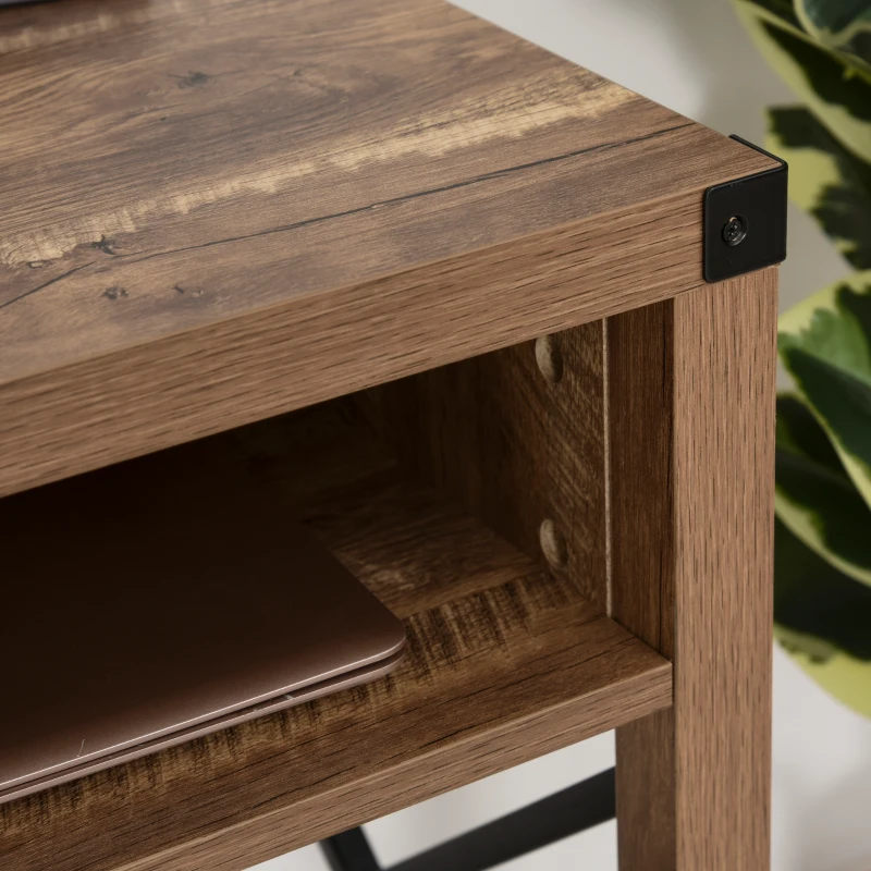 HOMCOM Schreibtisch im Industrie-Design Große Tischplatte 2 Fächer Schwarzes Metall Spanplatten Holzoptik mit Maserung Braun
