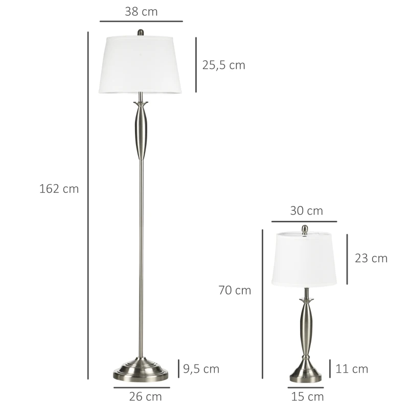 HOMCOM Conjunto de 3 luminárias. 1 candeeiro de pé, 2 candeeiros de mesa, aspeto em linho; 38 cm x 38 cm x 158 cm, Prata + Branco