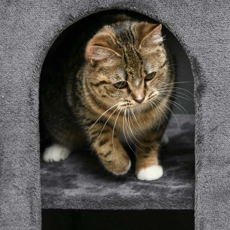 PawHut Tonel arranhador com 2 tocas para gatos, 1 superfície de repouso, tapete de arranhão em sisal, pelúcia, Cinza + Natural