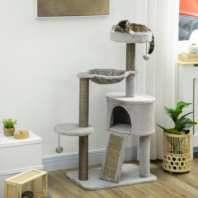 PawHut Arranhador incl. Toca para gatos, Cama para gatos, Rede para gatos e Brinquedos 60 cm x 40 cm x 113 cm, Cinza claro