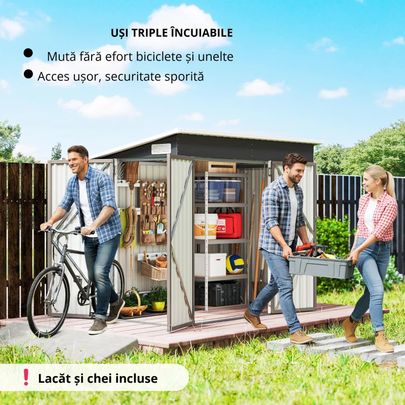 Outsunny Adăpost de grădină din metal căsuță exterioară trei uși blocabile acoperiș înclinat ventilații 234x132x185cm gri