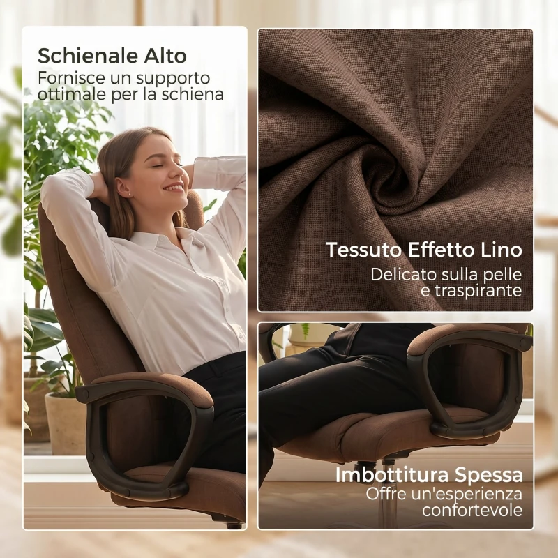 Vinsetto Sedia da Ufficio Ergonomica Reclinabile e Girevole in Tessuto Effetto Lino con Poggiatesta, Marrone