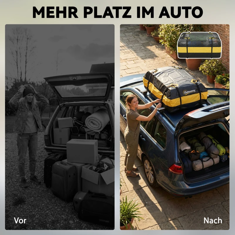 Outsunny Wasserdicht Dachbox Auto 425L für Fahrzeugdächer mit/ohne Gepäckträger Gepäckbox mit 8 Verstärkte Gurte Türhaken Gelb
