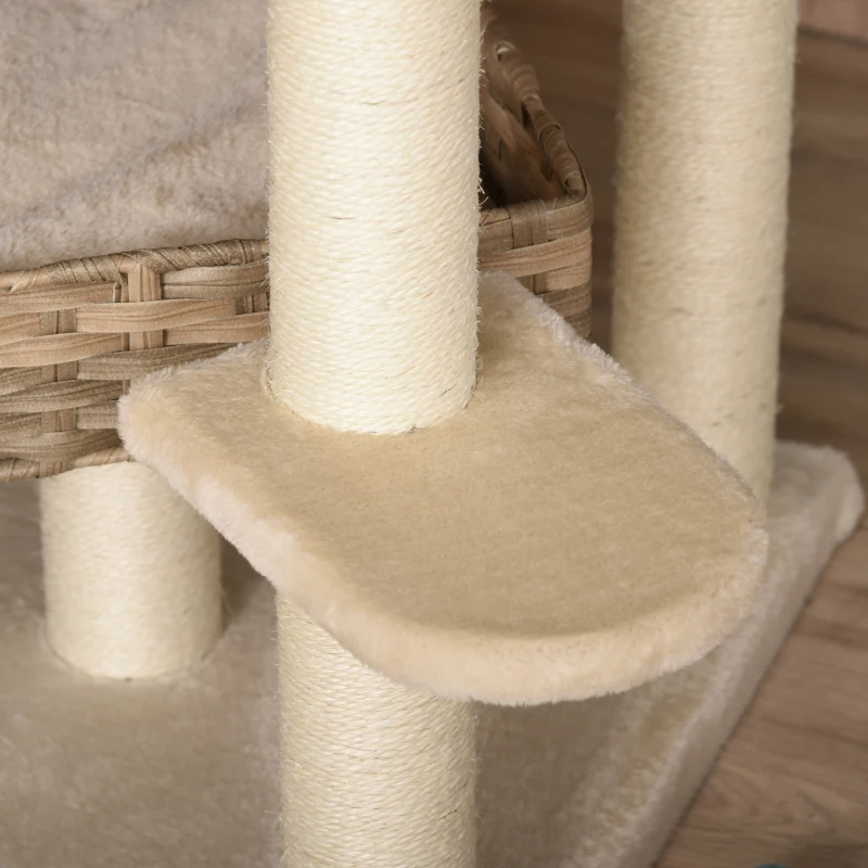 PawHut Arranhador de Rattan com Toca para Gatos Árvore Multinível para Escalada para Gatos E1 MDF Sisal Bege+Castanho 55 x 55 x 174 cm
