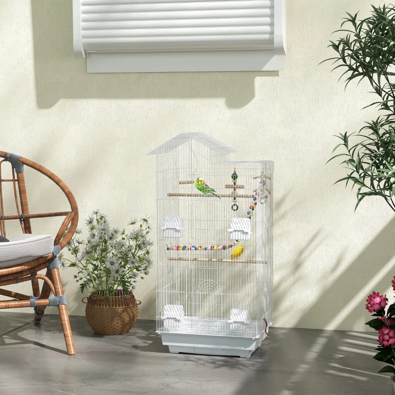 PawHut Gabbia per Uccelli, Voliera con Maniglia e Porte, Gabbietta con Altalena, Ciotole e Giochi, 46x36x100 cm, Bianco