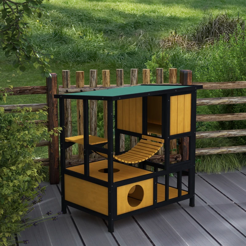 PawHut Casa para Gatos Toca para Gatos Abrigo para Gatos, resistente às intempéries, 1 rampa, 1 plataforma,  84,5 x 60 x 88 cm, Verde + Natural