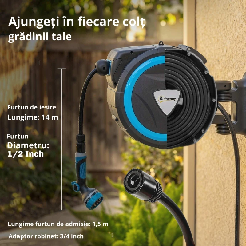Outsunny Derulator Furtun Udare Montat pe Perete 14+1,5 m cu Blocare și Adaptoare, Rotativ 180°, 12 Moduri, 49x15x37cm, Albastru