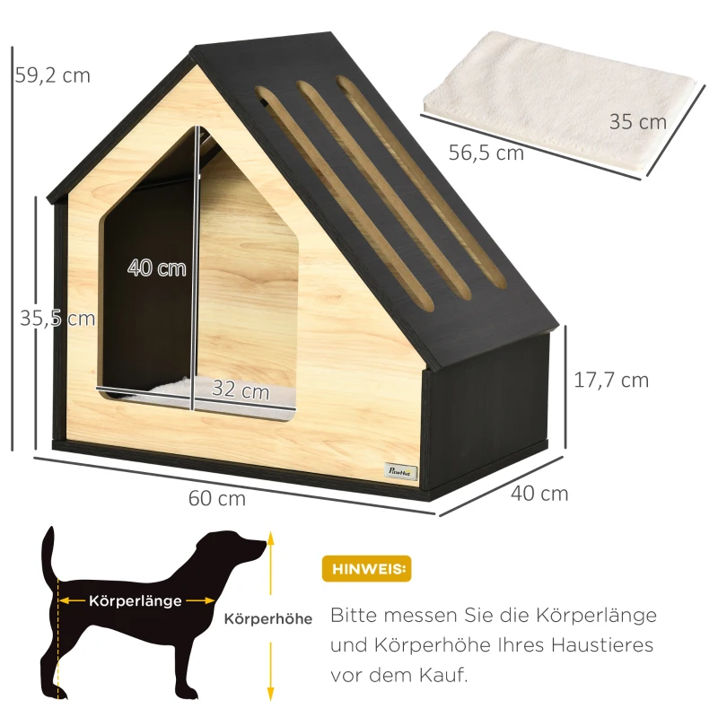 Pawhut Casinha para Cães Indoor com Almofada, Casinha com Telhado Inclinado para Cães/Gatos, para cães pequenos até 8 kg, 60 x 40 x 59,2 cm, Castanho