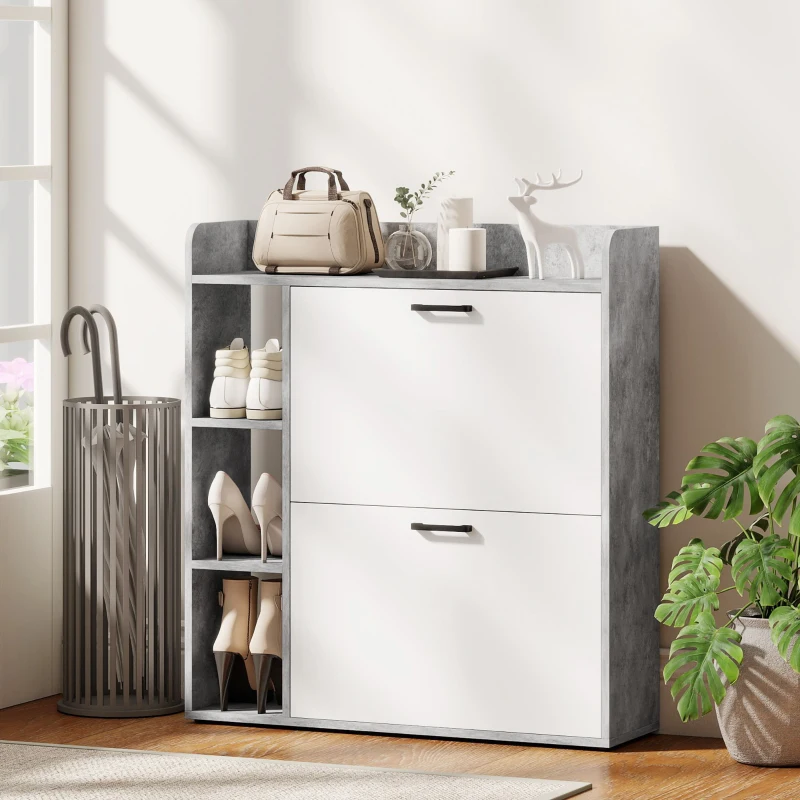 HOMCOM Scarpiera Slim con 2 Cassetti Ribaltabili e 3 Vani Aperti, Capacità 15 Scarpe, 83x24x90.5 cm, Grigio