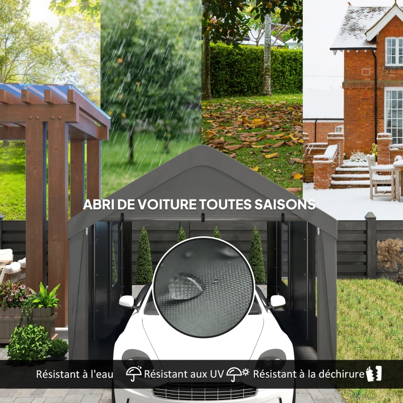Outsunny Carport tente de garage 3 x 6 m avec parois latérales amovibles, 2 portes enroulables et 4 fenêtres, gris foncé