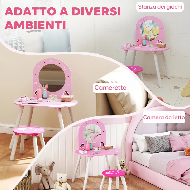 AIYAPLAY Set Toeletta Trucco Bambina 3-6 Anni con Sgabello, Specchio Infrangibile, Design con Cuori, Rosa