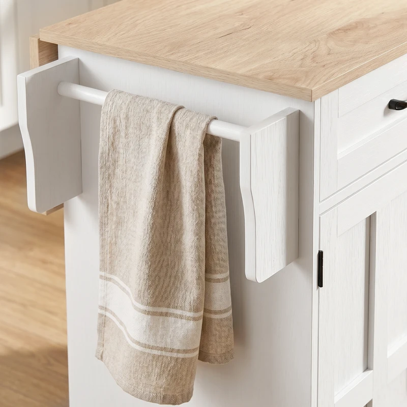 HOMCOM Ilha de cozinha com tampo dobrável, carrinho com rodízios 2 gavetas, 3 portas, suporte para prateleiras e porta-toalhas, branco