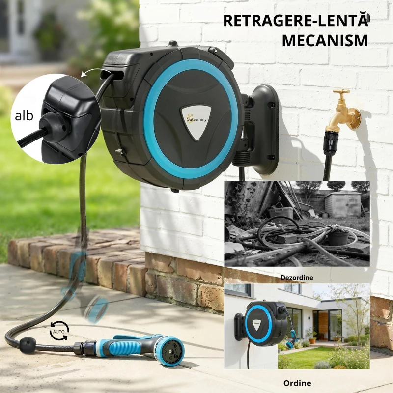 Outsunny Derulator Furtun Udare Montat pe Perete 14+1,5 m cu Blocare și Adaptoare, Rotativ 180°, 12 Moduri, 49x15x37cm, Albastru