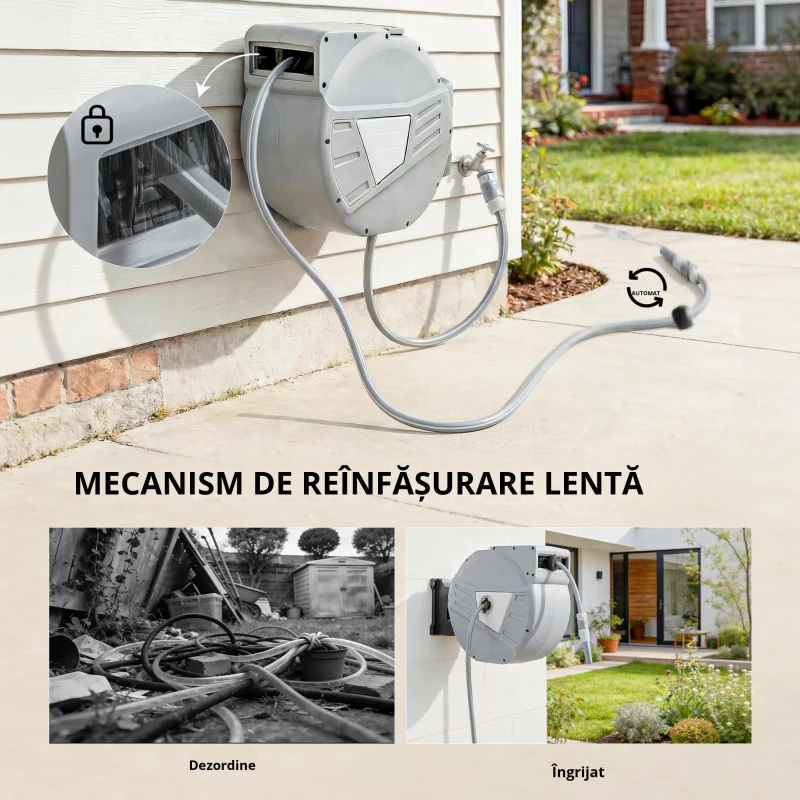Outsunny Tambur furtun de perete 40+2 m x Ø 15mm, tambur pentru furtun de apă retractabil automat pivotant la 180°, Gri