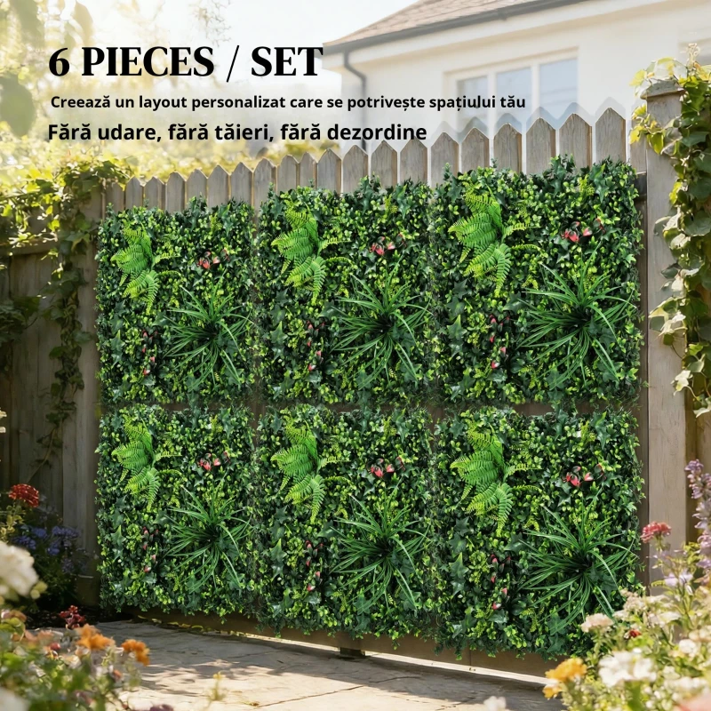 Outsunny Set de 6 Garduri Vii Artificiale pentru Ascundere Grădină 50x50 cm Tip Milano Montaj Ușor Anti-UV pentru Terasă Balcon Verde
