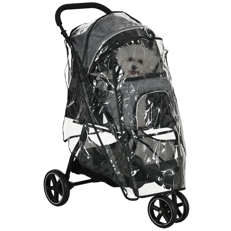 PawHut Carrinho para cães Carrinho para animais, dobrável, capa de chuva, 2 trelas de segurança, 83cm x 55cm x 101cm, Cinza + Preto