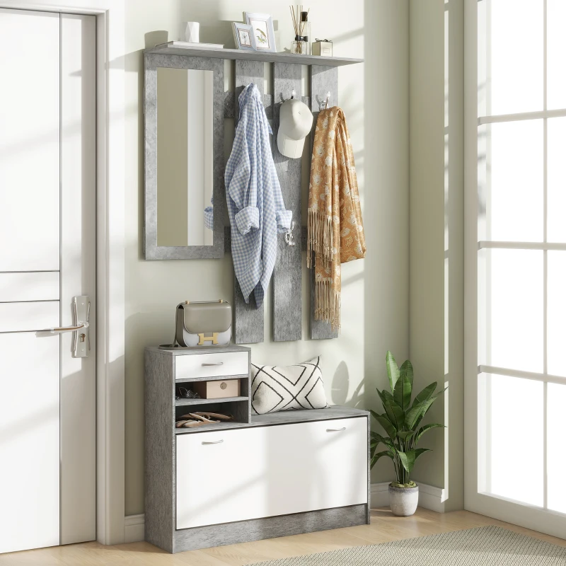 HOMCOM Set Eingangs­möbel mit Garderobe mit 6 Haken, Schuhschrank mit Schublade und Spiegel, Grau