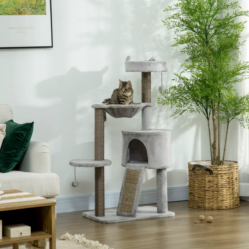PawHut Arranhador incl. Toca para gatos, Cama para gatos, Rede para gatos e Brinquedos 60 cm x 40 cm x 113 cm, Cinza claro