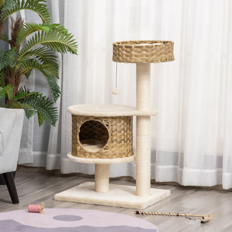 PawHut Arranhador 95 cm Torre para Gatos com Toca, Bola de Brinquedo, Troncos de Sisal, Plataforma Grande, Arranhador Multinível, Árvore de Escalada, para Gatos até 5 kg, Natural+Bege