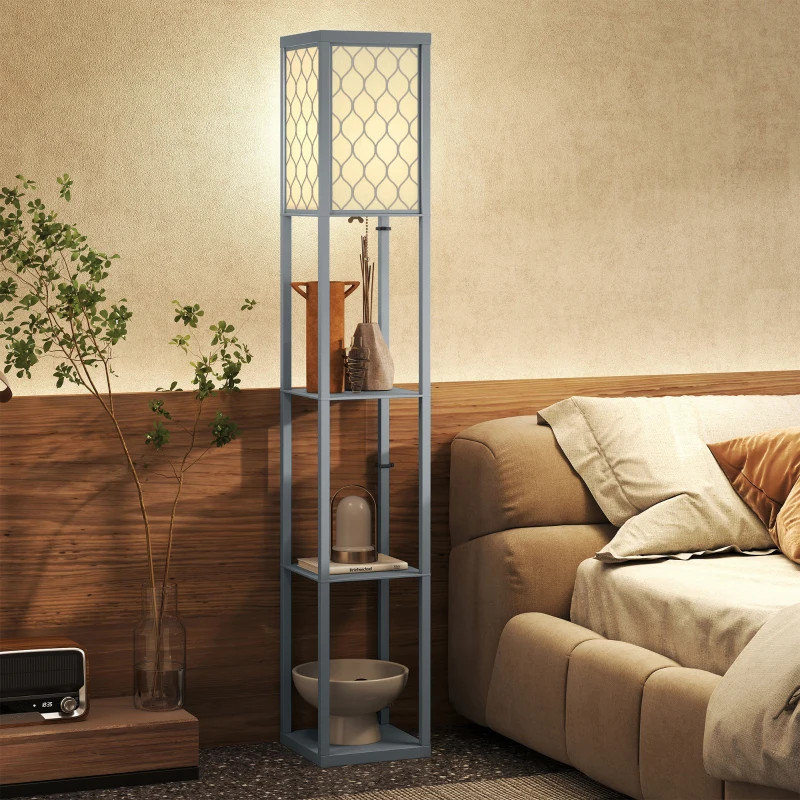 HOMCOM Lampadaire avec étagères, lampadaire sur pied de salon 3 niveaux, interrupteur à tirette 26 x 26 x 160 cm, gris et blanc