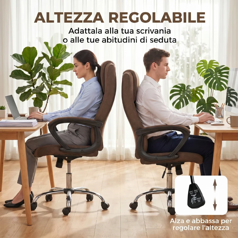 Vinsetto Sedia da Ufficio Ergonomica Reclinabile e Girevole in Tessuto Effetto Lino con Poggiatesta, Marrone