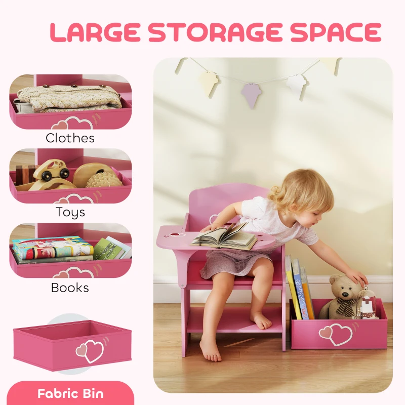 AIYAPLAY Set Tavolo e Sedia per Bambini 3-5 Anni in Legno MDF con Motivi a Cuore, Contenitore Integrato, Rosa