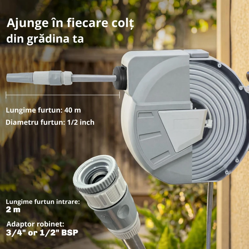 Outsunny Tambur furtun de perete 40+2 m x Ø 15mm, tambur pentru furtun de apă retractabil automat pivotant la 180°, Gri