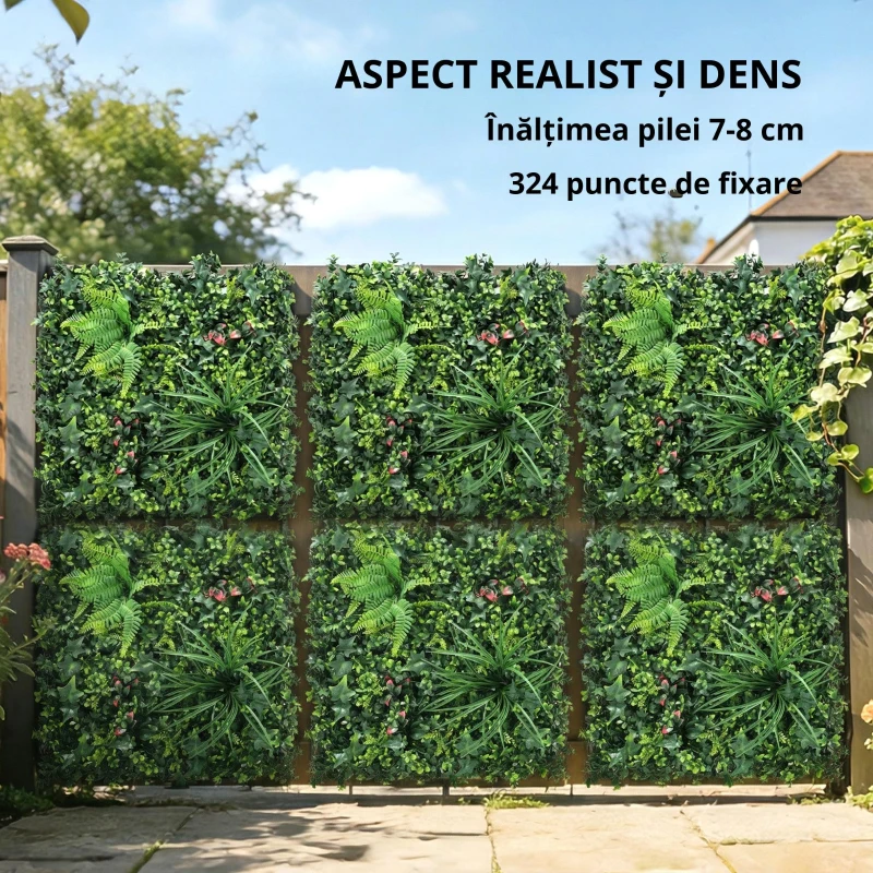 Outsunny Set de 6 Garduri Vii Artificiale pentru Ascundere Grădină 50x50 cm Tip Milano Montaj Ușor Anti-UV pentru Terasă Balcon Verde