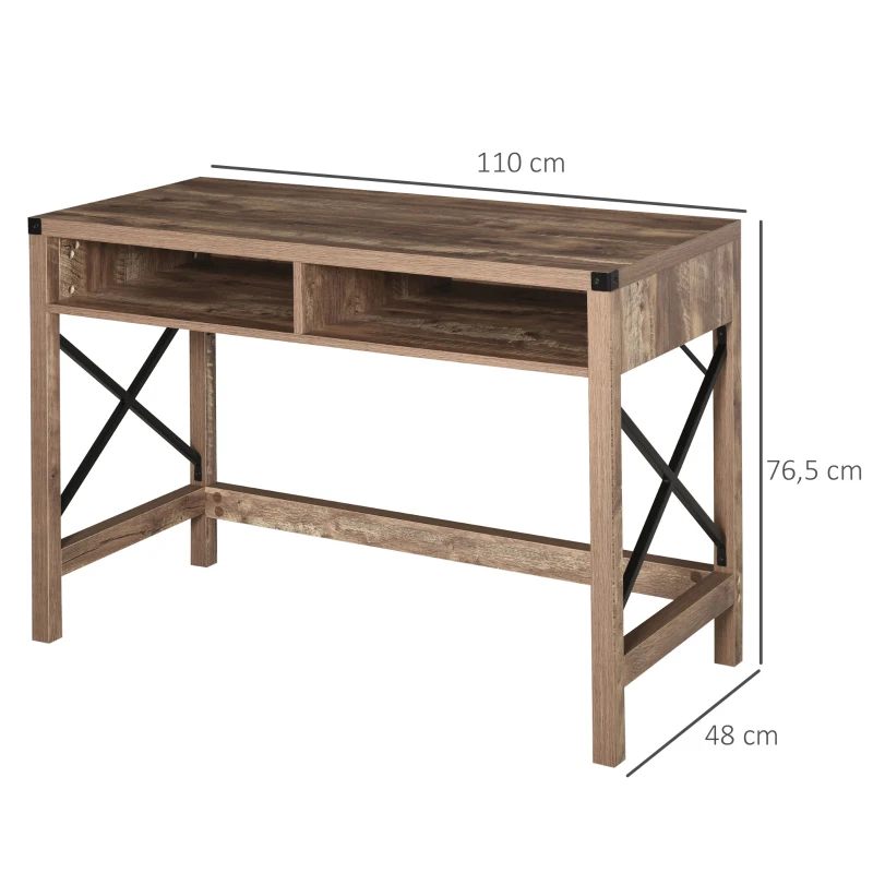 HOMCOM Schreibtisch im Industrie-Design Große Tischplatte 2 Fächer Schwarzes Metall Spanplatten Holzoptik mit Maserung Braun