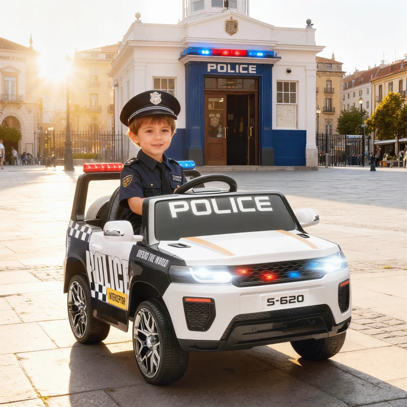 AIYAPLAY Coche Eléctrico para Niños de Policía con Mando a Distancia Motor Doble Sirena Suspensión en 4 Ruedas y Faros Blanco