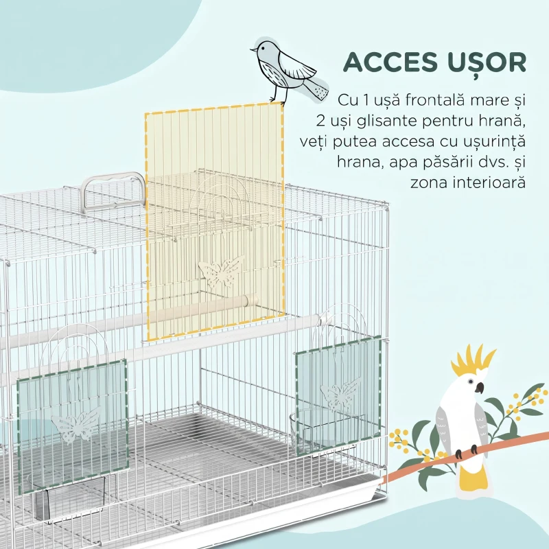 Colivie pentru Pasari din Metal cu Stinghii, Boluri pentru Mancare si Maner, 60x41x41cm, Alb