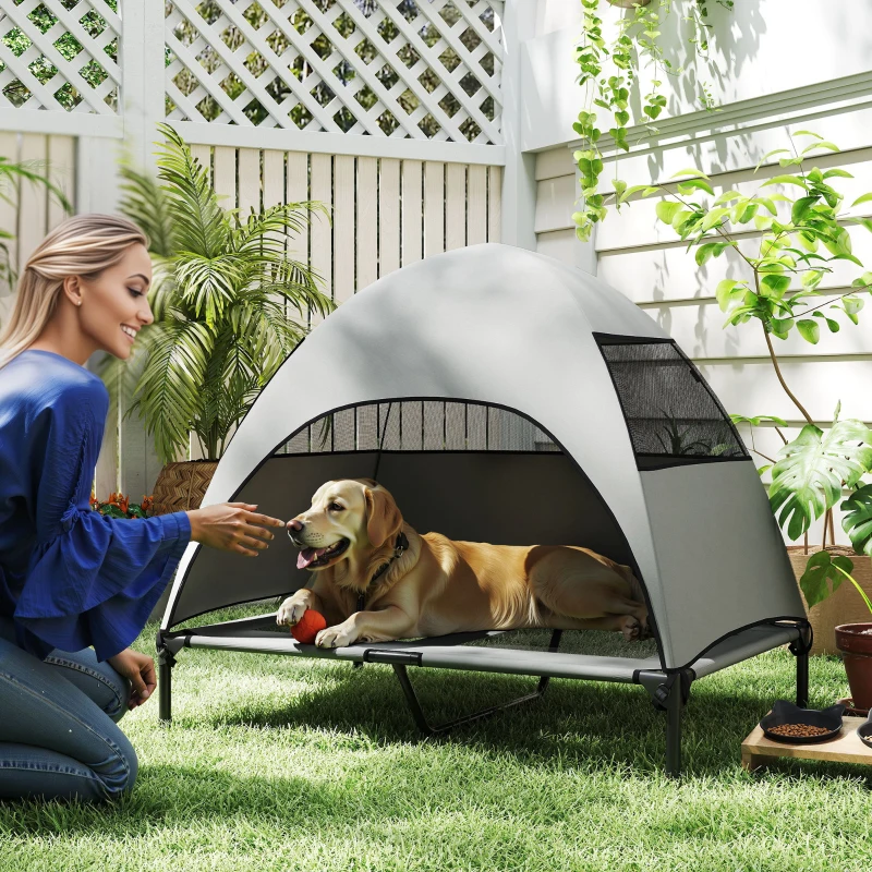 PawHut Cama para Cães ao Ar Livre com Teto, Cama Elevada para Cães Grandes, 106 x 76 x 99 cm, Cinza claro