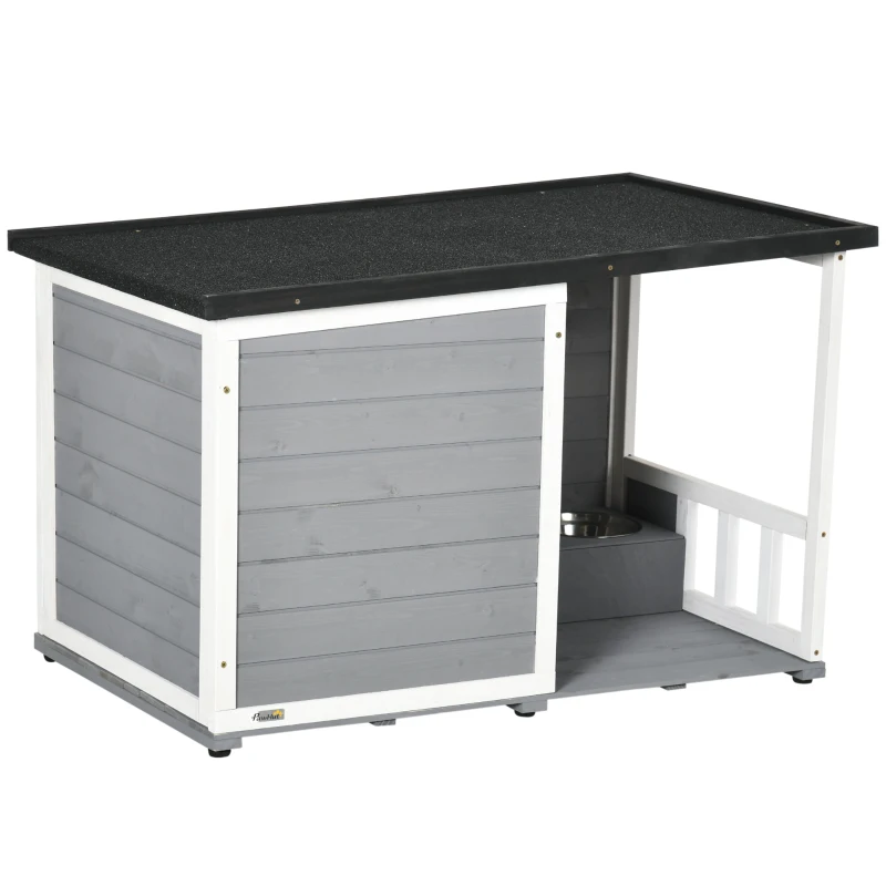PawHut Casota em madeira maciça, com 2 tigelas, varanda, resistente às intempéries, 103 cm x 62 cm x 66 cm, Cinza + Branco