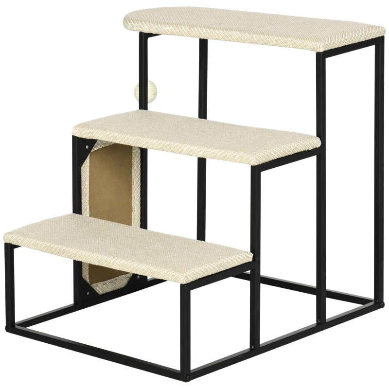 PawHut Escada para Gatos, com arranhador, 3 degraus, bolinha de brincar, robusta, Aço+Sisal, creme branco+preto, 51 x 54 x 53cm