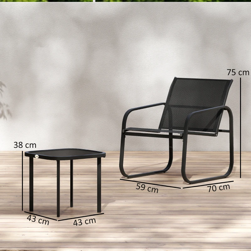 Outsunny 3-teiliges Bistro-Garten-Set mit 2 Textilene-Stühlen und Niedrigtisch mit Einscheibensicherheitsglas, schwarz